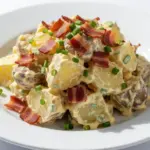 creamy loaded baked potato salad with bacon - featured image