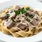 creamy slow cooker beef stroganoff - featured image