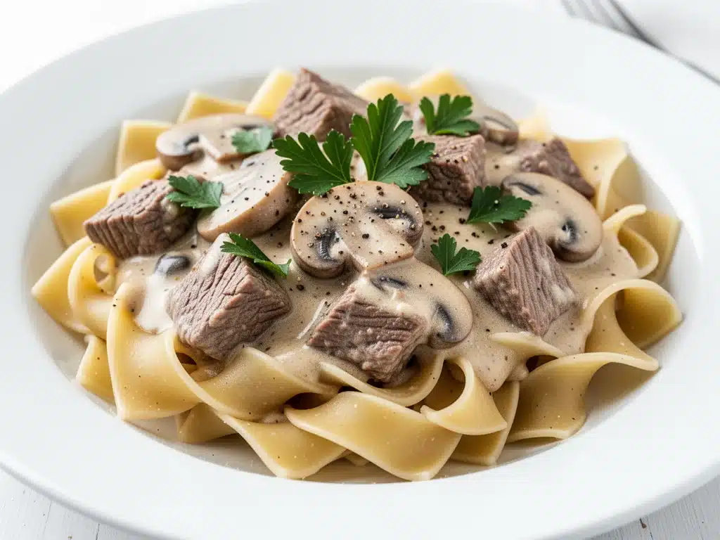 creamy slow cooker beef stroganoff - featured image